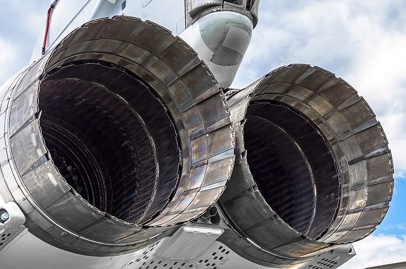 Two big turbines from aircraft engine of military fighter plane